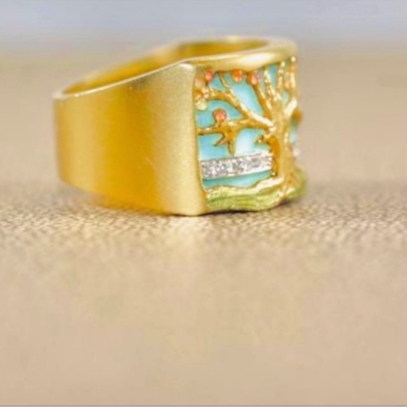 NIB 18k Gold Fire Opal and enamel tree of life Cherry blossom ring - Picture 7 of 16